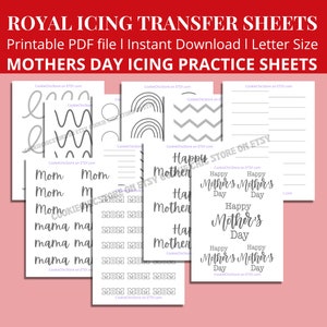 Mothers Day Royal Icing Transfer Printable Practice Sheets, Cookie Icing Sheets, Cookie Class Piping Practice Sheet For Cookie Decorating RI