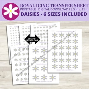 bloem royal icing overdrachtsbladen, madeliefje royal icing transfers, madeliefje icing overdracht, overdrachtssjablonen voor madeliefjes, overdracht papieren koekje