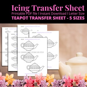 Puede incluir: Hoja de transferencia de glaseado para tetera imprimible en cinco tamaños: 5 cm, 6,3 cm, 7,6 cm, 8,9 cm y 10,2 cm. La hoja es en blanco y negro y presenta una tetera con un patrón de rayas.