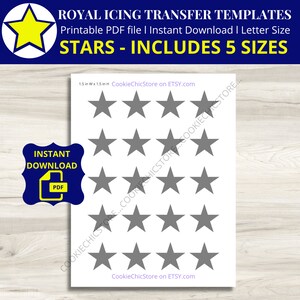 May include: Printable PDF file of five different sized grey star shapes for royal icing transfer templates. The file is 1.5 inches wide by 1.5 inches high. The text "CookieChicStore on ETSY.com" is at the bottom of the page.