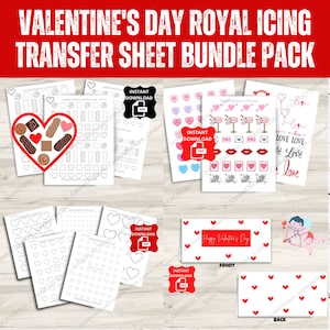 Paquete de hojas de transferencia de glaseado real para San Valentín, plantilla de caja de chocolate con forma de corazón RI, juego de transferencia de galletas para el día de San Valentín, carta de amor con labios
