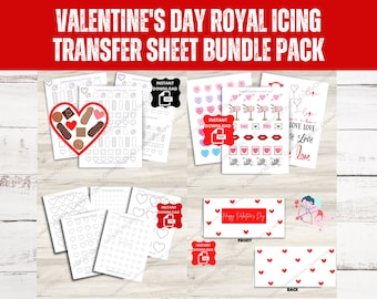 Puede incluir: Un conjunto de hojas de transferencia de glaseado real para el Día de San Valentín imprimibles. Las hojas presentan varios diseños, incluidos corazones, buzones, labios y el texto "Love Love Love".