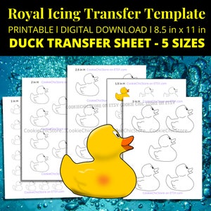 May include: Five printable rubber duck transfer sheets in different sizes, ranging from 1 inch to 2.5 inches in height. The sheets are designed for use with royal icing and are perfect for decorating cakes, cookies, and other treats.
