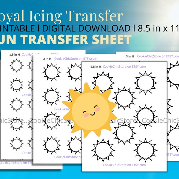 Sun Royal Icing Transfer Sheet Template For Cookie Decoration, Printable Summer Royal Icing RI Transfer Sheet, Cake Baking Macaron Template
