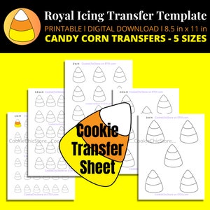 Pode incluir: Folhas de transferência de biscoitos de milho doce imprimíveis em cinco tamanhos. As folhas são em preto e branco e incluem o texto "Cookie Transfer Sheet".
