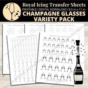 Royal Zuckerglasur Transfer Champagner Gläser Bogen Bundle Druckbare Zuckerglasur Transfer Vorlage für Cookie, Hochzeit Transfer Bogen Champagner Flöte PDF
