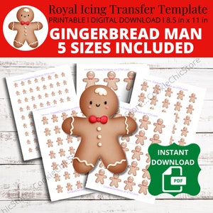Op de afbeelding: Afdrukbare gingerbread man royal icing transfer template in vijf maten. De sjabloon is 8,5 inch bij 11 inch en bevat een gingerbread man met een rode strik.