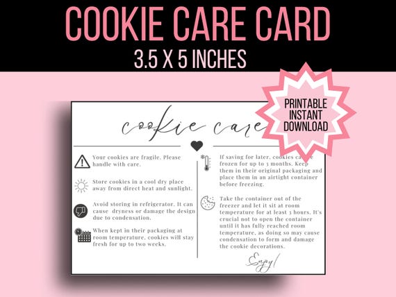 Royal Icing Cookie Care Card Instruction, Decorated Sugar Cookie Care Guide Template, Bakery Freezing Defrosting Baker Printable PDF Digital