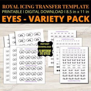 May include: Printable Halloween eye templates for royal icing.  The digital download includes 10 different eye styles in various sizes.  The templates are 8.5 inches by 11 inches.