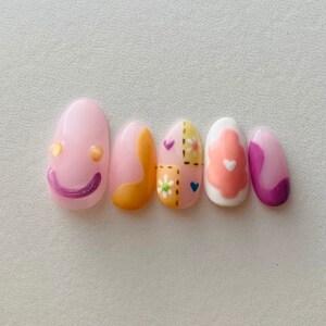 Kawaii Smiley Face Press On Nails | Abstract | Hand Painted Press On Nails | Japanese Gel Nails