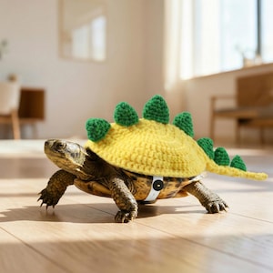 Könnte beinhalten: Eine Schildkröte trägt ein gelbes gehäkeltes Dinosaurierkostüm mit grünen Stacheln. Das Kostüm bedeckt den Panzer der Schildkröte und hat einen Schwanz. Die Schildkröte geht auf einem Holzboden, wobei Sonnenlicht die Szene beleuchtet.
