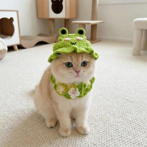 Handmade Crochet Cat Hat and Collar Set, Cute Kitten Beanie Bandana, Funny Pet Costume Photo Prop, Frog Bee Lemon Minion Pet Accessory Gift