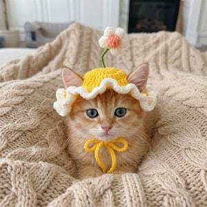 Handmade Crochet Cat Hat with Flower, Cute Kitten Bonnet, Ruffled Pet Headpiece, Funny Dog Costume, Pet Photo Prop, Gift for Cat Mom
