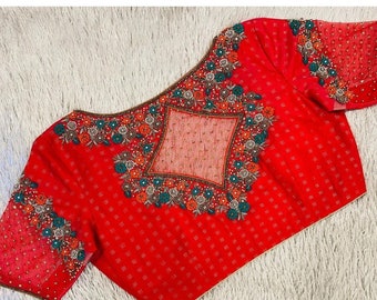 Red Maggam Blouse With Heavy Bead Design Back and Sleeves - Etsy
