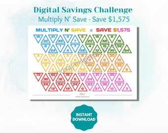 Może przedstawiać: Kolorowa tabela z trójkątnym wzorem dla cyfrowego wyzwania oszczędzania. Tabela nosi tytuł "Multiply N' Save - Save $1,575". Tabela ma tęczową kolorystykę z liczbami w każdym trójkącie. Tabela ma pomóc ludziom w oszczędzaniu pieniędzy.
