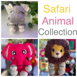 Pode incluir: Uma coleção de brinquedos de animais de safári de malha. Os brinquedos incluem um hipopótamo cinza, um elefante rosa e um leão marrom e amarelo. Os brinquedos são todos feitos à mão e têm uma aparência fofa e aconchegante. A imagem também inclui o texto "Safari Animal Collection" e "Express Knitters".