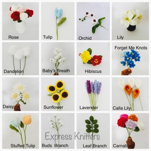 Może przedstawiać: Kolekcja 14 wzorów kwiatów na szydełku, w tym róża, tulipan, storczyk, lilia, niezapominajka, mniszek lekarski, gipsówka, hibiskus, stokrotka, słonecznik, lawenda, lilia wodna, tulipan wypełniony, gałązka pąków, gałązka liści i goździk.