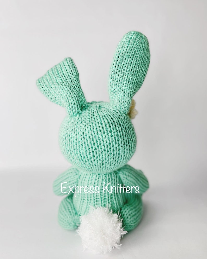 May include: A light green knitted bunny rabbit toy with a white pom-pom tail. The bunny is sitting on a white surface. The text "Express Knitters" is visible on the bunny's body.