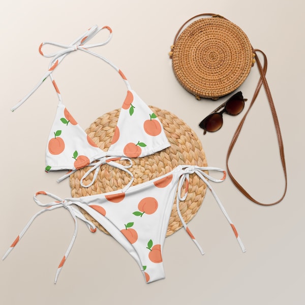 Eco Peach-print Recycled String Bikini | Earth Friendly Gift Idea Cute Beach Swimwear