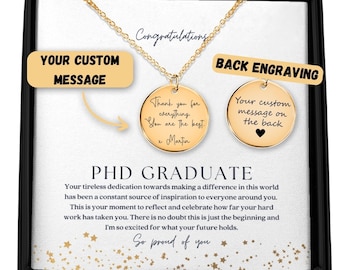 PHD Graduation Gift, Custom Message Coin Pendant Necklace, phd gift for her, phd graduate necklace gift, phd gifts, graduation necklace