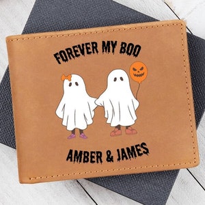 Cartera de cuero genuino personalizada Forever My Boo, regalo personalizado de Halloween, regalos de compromiso espeluznantes, billetera linda, regalo de prometido, billetera personalizada