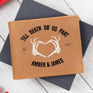 Cuero personalizado hasta que la muerte nos separe billetera calavera, billetera gótica, billetera gótica, regalo de prometido recién comprometido, billetera personalizada, billetera linda