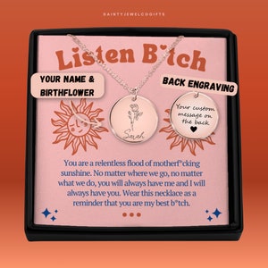 Listen B * tch Personalisierte Geburtsblumen-Halskette, schwören Affirmationen, Affirmationskarten Zitat-Karten, tägliche Affirmationen, Badass Affirmationen