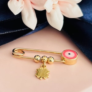 14K Solid Gold Clover Baby Pin/Evil Eye Gold Baby Clothing Pin/Christening Gift/Baby Brooch/Baptism/Baby Protection Pin/Baby Shower Gift