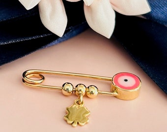14K Solid Gold Clover Baby Pin/Evil Eye Gold Baby Clothing Pin/Christening Gift/Baby Brooch/Baptism/Baby Protection Pin/Baby Shower Gift