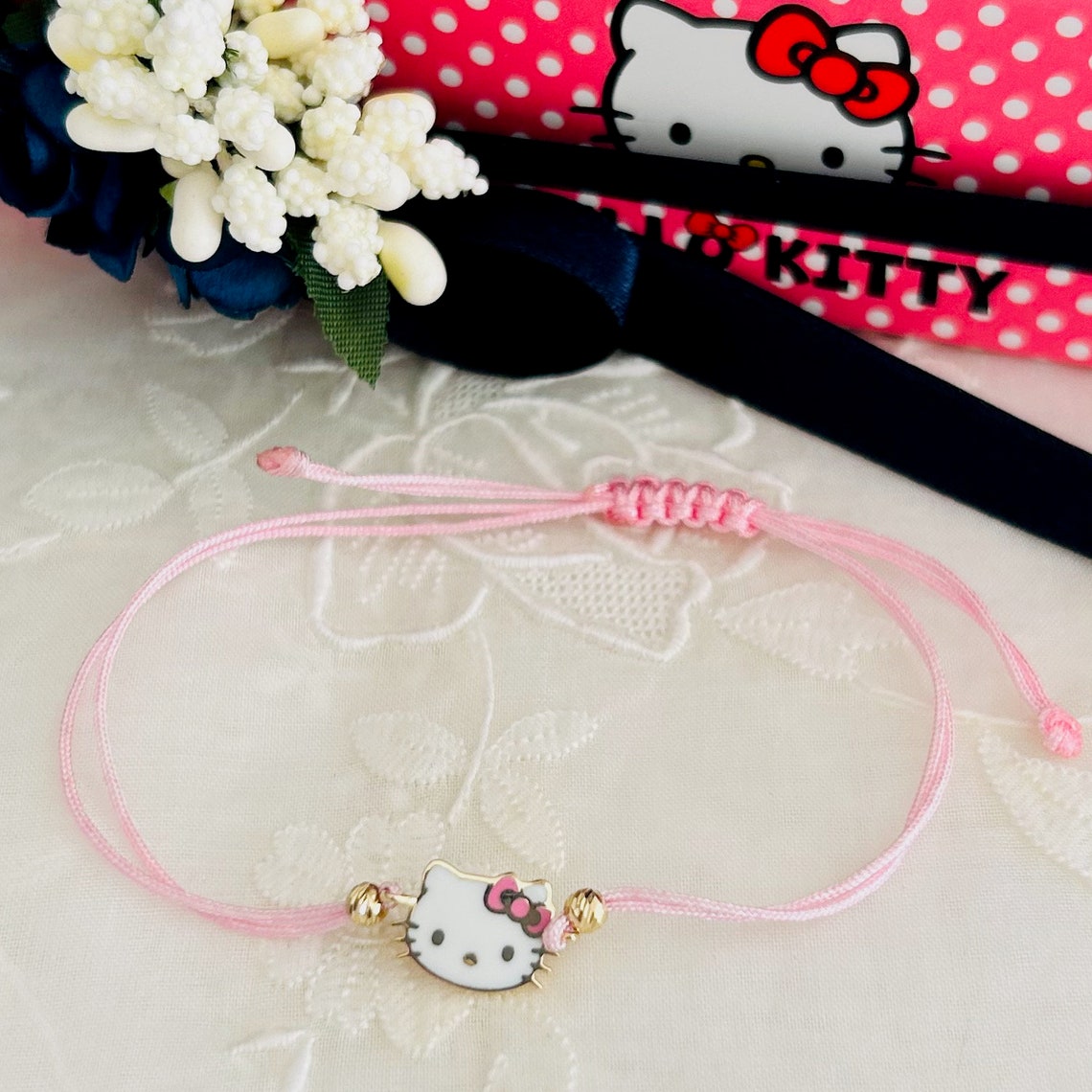 Pink Hello Kitty Rope 14K Solid Gold Hello Kitty Pink Rope Bracelet - Etsy