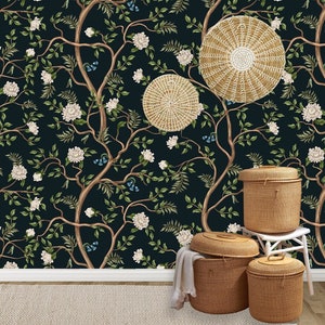 Chinoiserie Wallpaper Peel and Stick, Dark Floral Wallpaper, Garden Wallpaper, Japanese Wallpaper, Removable Wall Paper