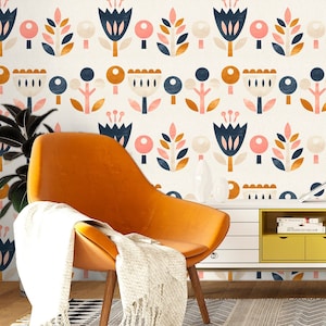 Floral Scandinavian Peel and Stick Wallpaper: Beige MCM Removable Wall Paper