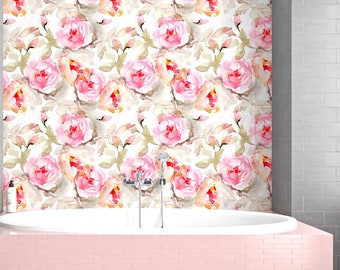 Rose Wallpaper Peel and Stick, Pink Floral Wallpaper, Watercolor Wallpaper, Removable Wall Paper