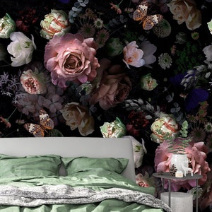 Dark Floral Wallpaper Peel and Stick, Pink Roses Wallpaper, Floral Wall Mural, Removable Wall Paper