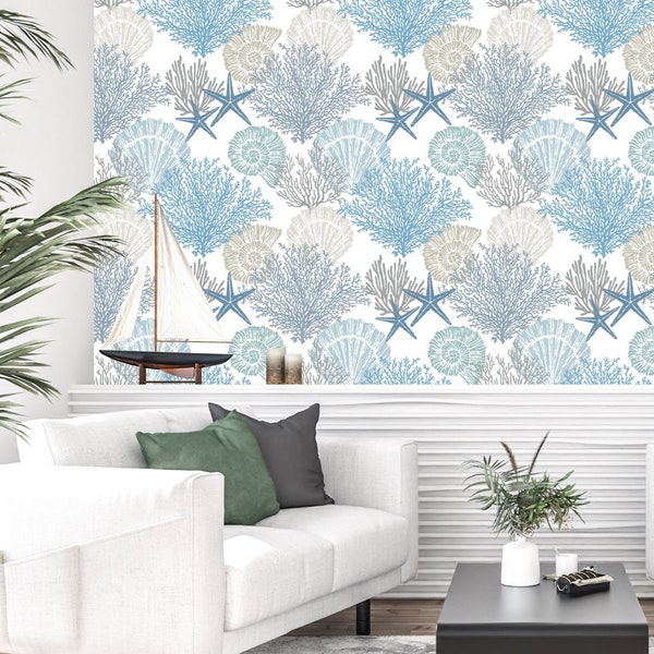 Coral Reef Wallpaper Peel and Stick, Starfish Wallpaper, Sea Life Wallpaper, Seashell Wallpaper, Removable Wall Paper