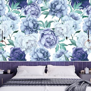 Papel tapiz floral de peonía azul: decoración de pared extraíble y autoadhesiva