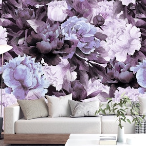 Purple Wallpaper Peel and Stick, Dark Floral Wallpaper, Big Flower Wallpaper, Peony Wallpaper, Removable Wall Paper