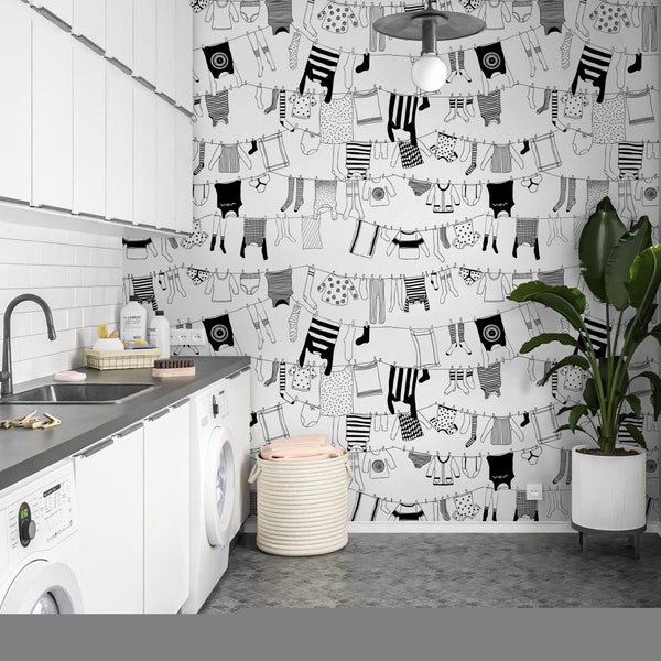 Laundry Wallpaper Peel and Stick, Laundry Room Wallpaper, Black and White Wallpaper, Removable Wall Paper