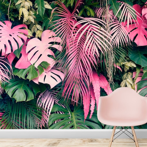 Pink Leaf Wallpaper Peel and Stick Exotic Wallpaper Colorful Etsy