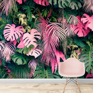 Pink Leaf Wallpaper Peel and Stick, Exotic Wallpaper, Colorful Wallpaper, Tropical Wallpaper, Removable Wall Paper