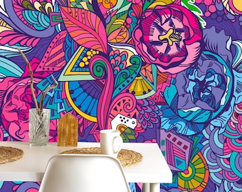 Floral Abstract Peel and Stick Wallpaper: Hot Pink, Purple, Colorful