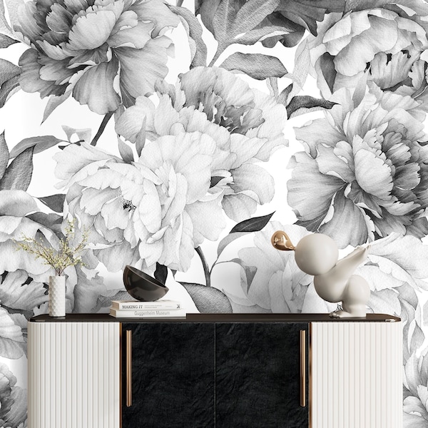 Peony Wallpaper Black and White Wallpaper Peel and Stick, Big Flower Wallpaper, Watercolor Floral Wallpaper, Removable Wall Paper