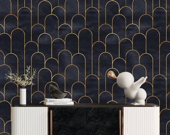 Black Gold Wallpaper Peel and Stick, Art Deco Wallpaper, Geometric Wallpaper, Vintage Wallpaper, Removable Wall Paper