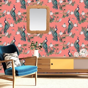 Peacock Wallpaper Peel and Stick, Chinoiserie Wallpaper, Oriental Wallpaper, Removable Wall Paper