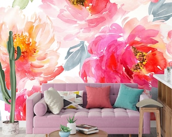 Hot Pink Wallpaper, Big Flower Wallpaper Peel and Stick, Watercolor Floral Wallpaper Bedroom, Nursery Wallpaper