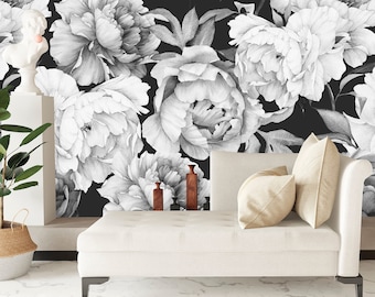 Peony Wallpaper, Big Flower Wallpaper Peel and Stick, Black and White Wallpaper, Watercolor Floral Wallpaper, Removable Wall Paper