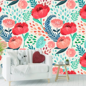 Poppy Wallpaper Peel and Stick, Watercolor Floral Wallpaper, Big Flower Wallpaper, Removable Wall Paper