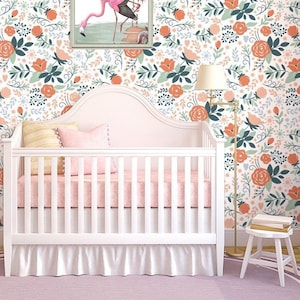 Peach Floral Wallpaper Peel and Stick, Blooms Wallpaper, Botanical Wallpaper, Nursery Wallpaper, Removable Wall Paper