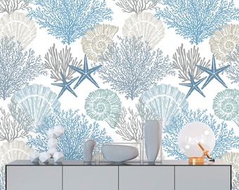 Coral Reef Wallpaper Peel and Stick, Starfish Wallpaper, Sea Life Wallpaper, Seashell Wallpaper, Removable Wall Paper