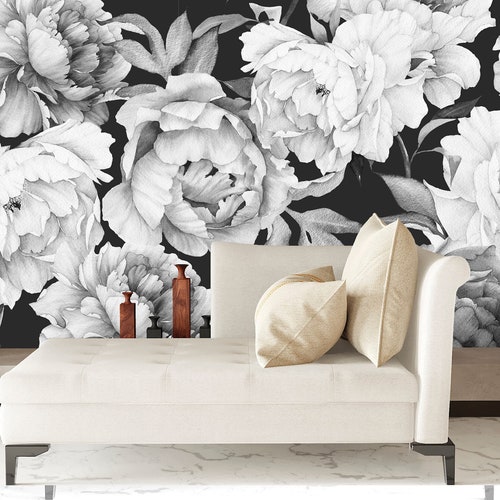 Black and White Rose Wallpaper Peel and Stick Big Flower Etsy